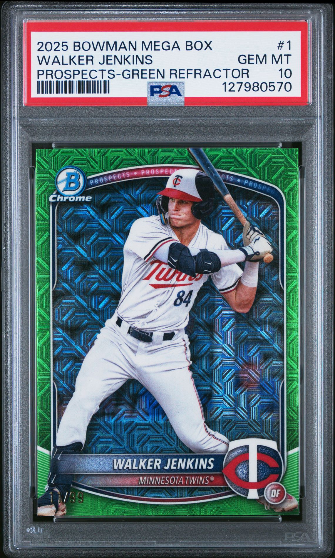 2025 Bowman Mega Box Chrome Prospects Walker Jenkins #1 (Prospects-Green Refractor) Gem Mt 10 front