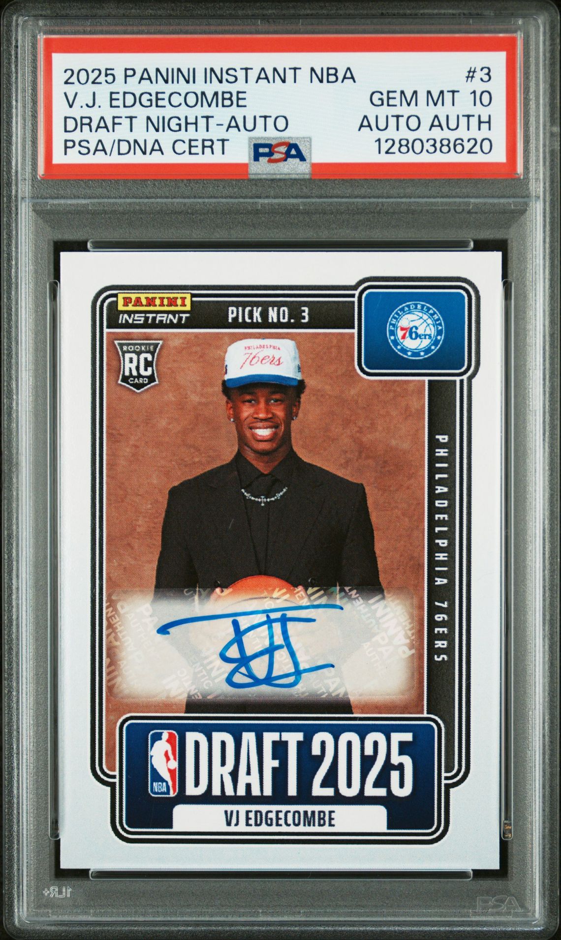 2025 Panini PANINI INSTANT NBA DRAFT NIGHT AUTOCertificationPrimary Signer (1 Signer)V.J. EDGECOMBE #3 V.J. Edgecombe front
