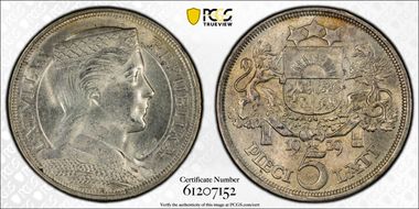 1929 5 Lat KM-9  Ag AU58