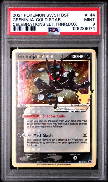 Pokemon - 2021 Greninja-Gold Star Celebrations Elt.Trnr.Box #144 Swsh Black Star Promo PSA 9 Diamond Fair Drop Entry