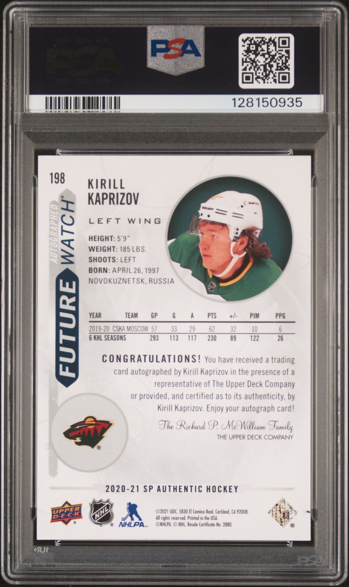 2020 Sp Authentic Kirill Kaprizov #198 (Autograph) Gem Mt 10 back