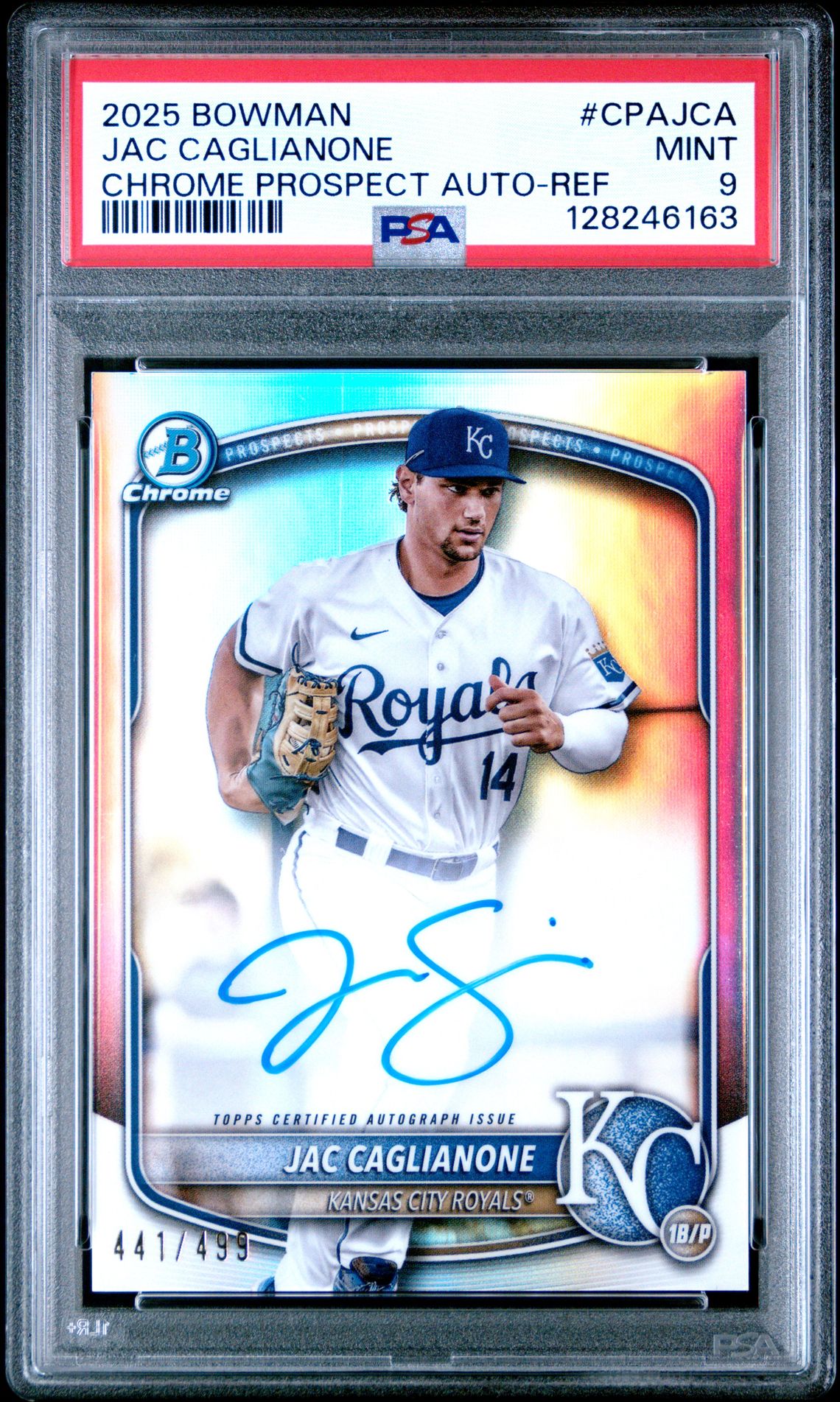 2025 Bowman Chrome Prospect Autographs Jac Caglianone #Cpajca (Chrome Prospect Auto-Ref) Mint 9 front