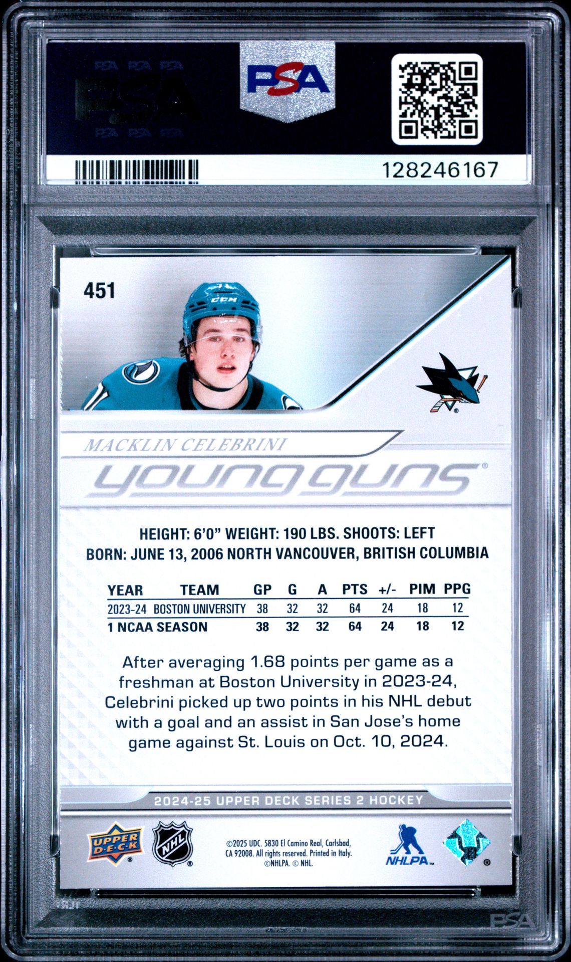 2024 Upper Deck Macklin Celebrini #451 Mint 9 back