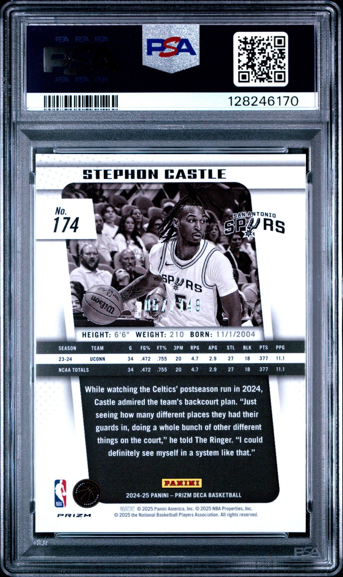 2024 Panini Prizm Deca Stephon Castle #174 (Blue Prizm) Gem Mt 10 back