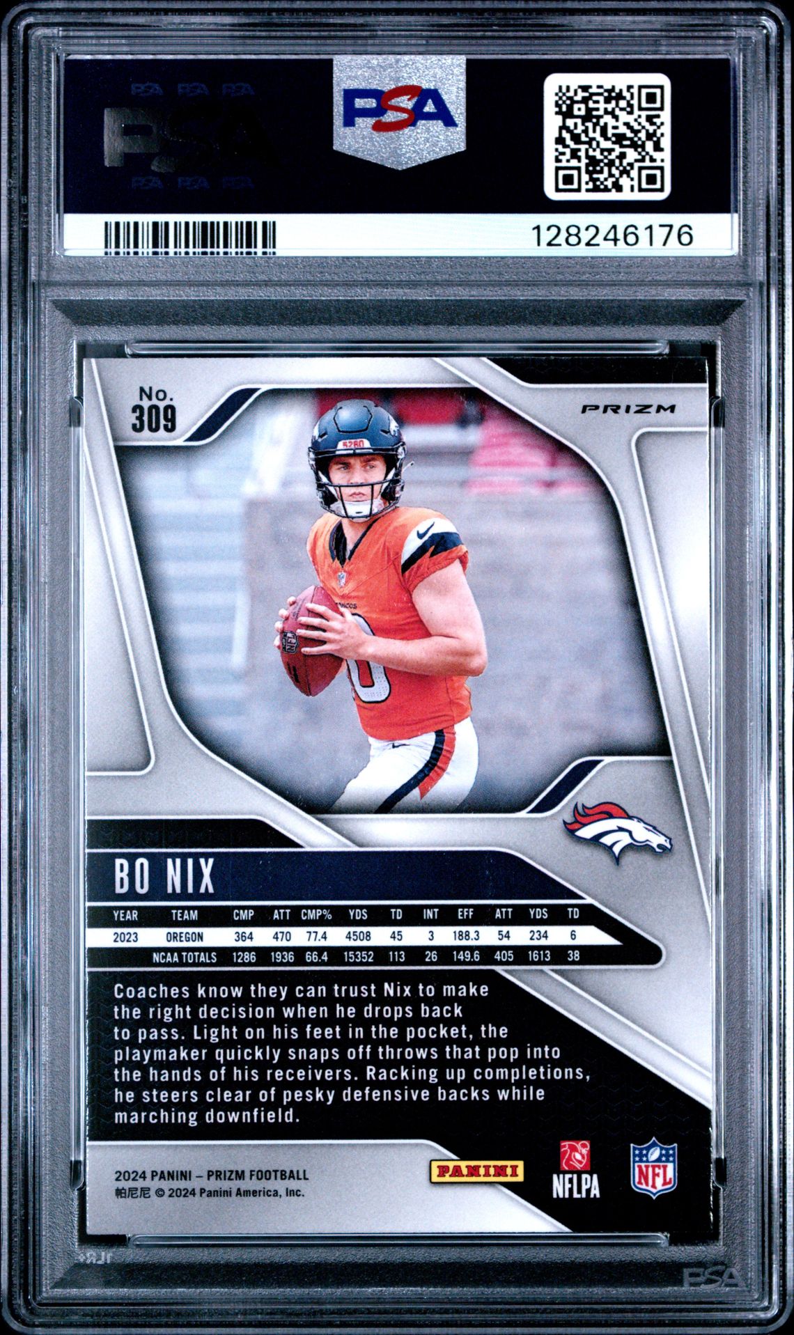 2024 Panini Prizm Bo Nix #309 (Lazer Prizm) Gem Mt 10 back