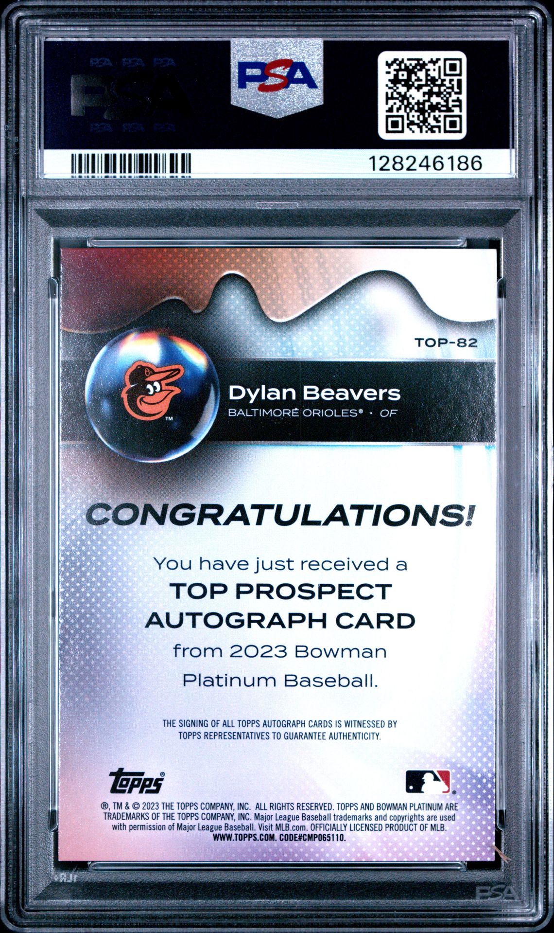 2023 Bowman Platinum Top Prospects Dylan Beavers #Top82 (Top Prospects-Autograph) Gem Mt 10 back