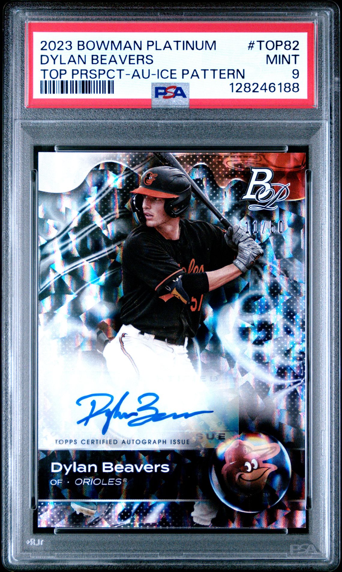 2023 Bowman Platinum Top Prospects Dylan Beavers #Top82 (Top Prspct-Au-Ice Pattern) Mint 9 front