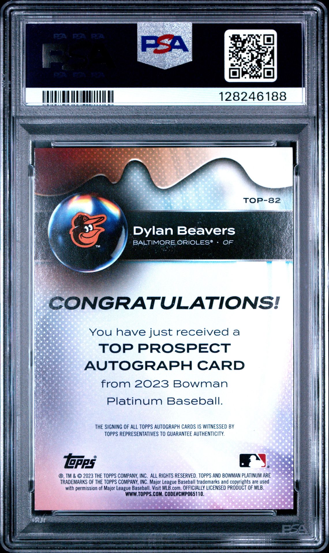 2023 Bowman Platinum Top Prospects Dylan Beavers #Top82 (Top Prspct-Au-Ice Pattern) Mint 9 back