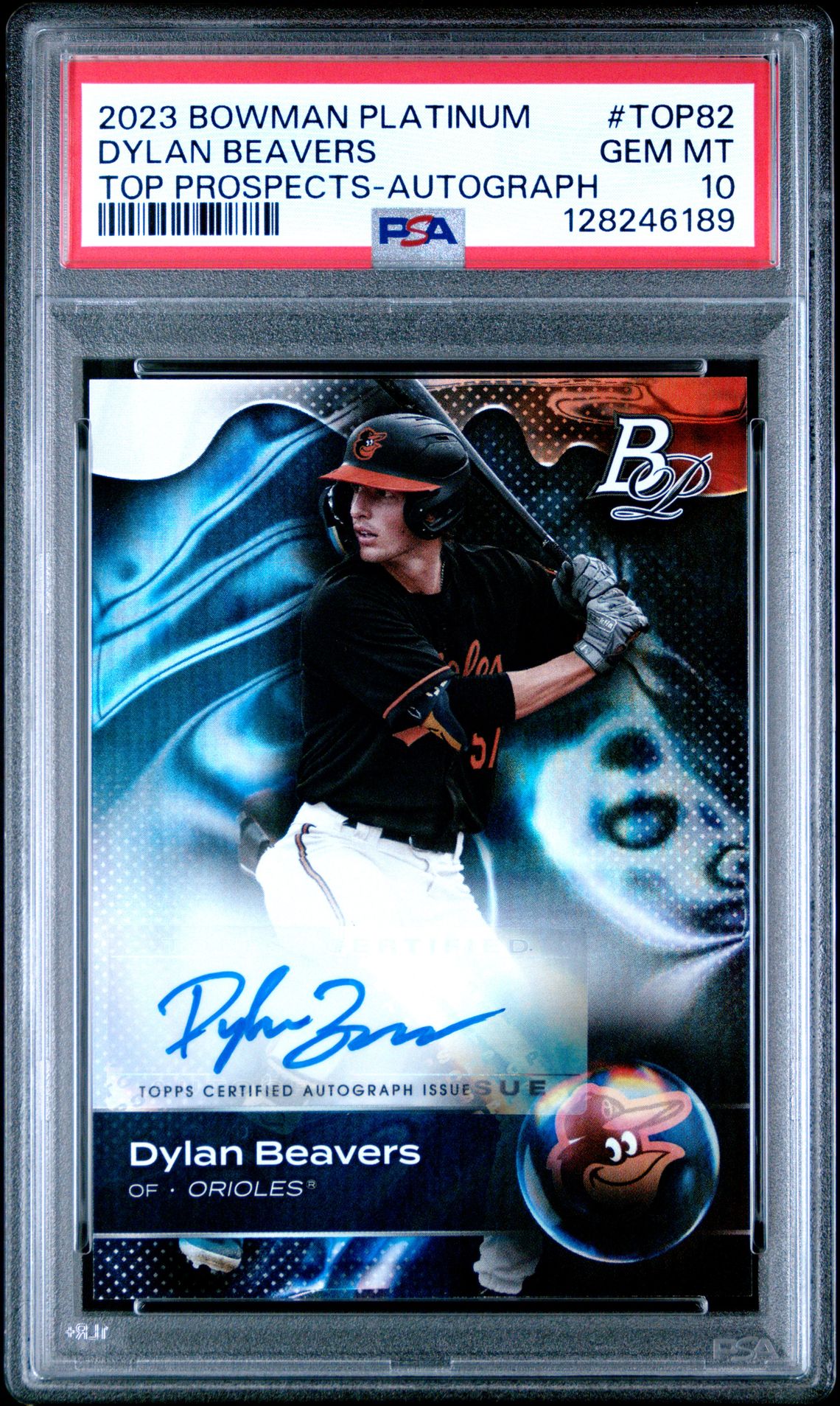 2023 BOWMAN PLATINUM TOP PROSPECTS DYLAN BEAVERS TOP PROSPECTS-AUTOGRAPH TOP82 GEM MT 10 front