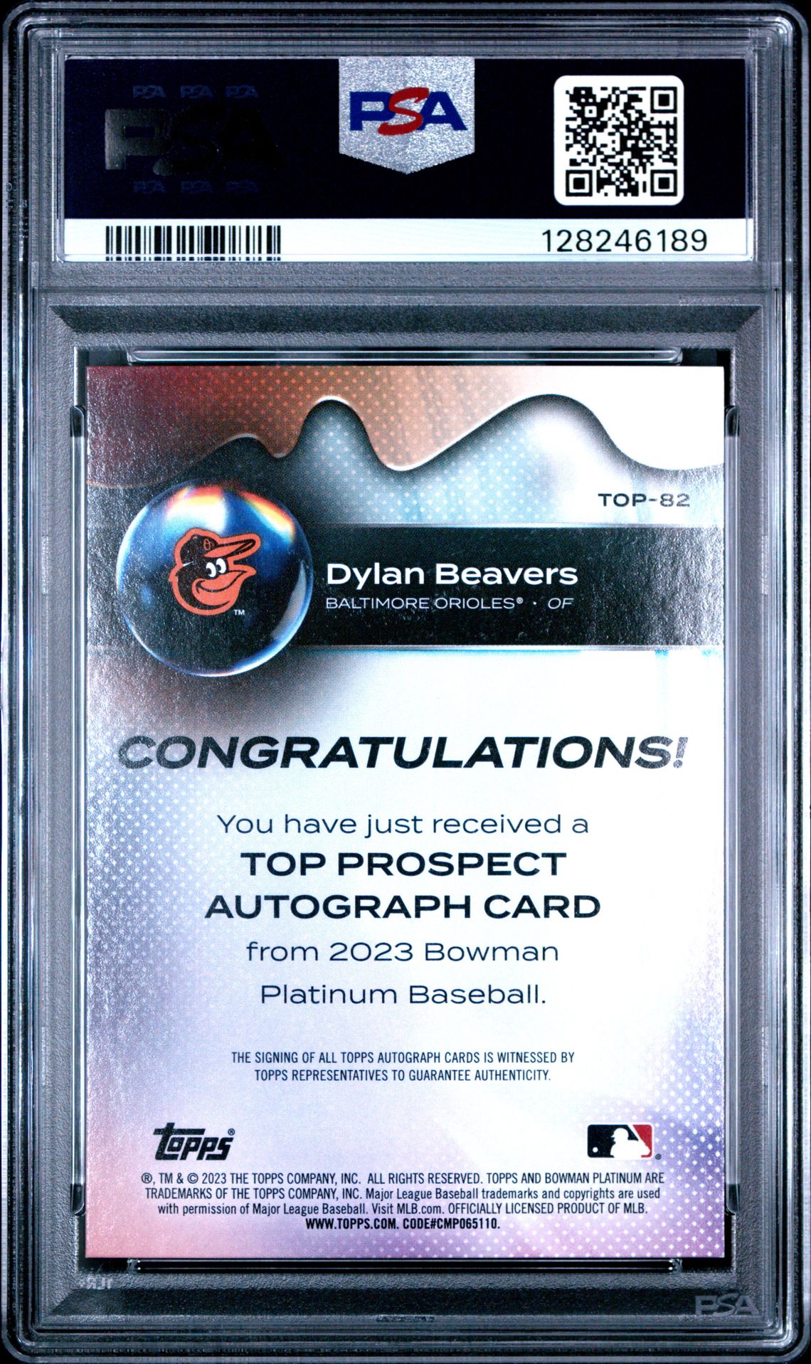 2023 BOWMAN PLATINUM TOP PROSPECTS DYLAN BEAVERS TOP PROSPECTS-AUTOGRAPH TOP82 GEM MT 10 back