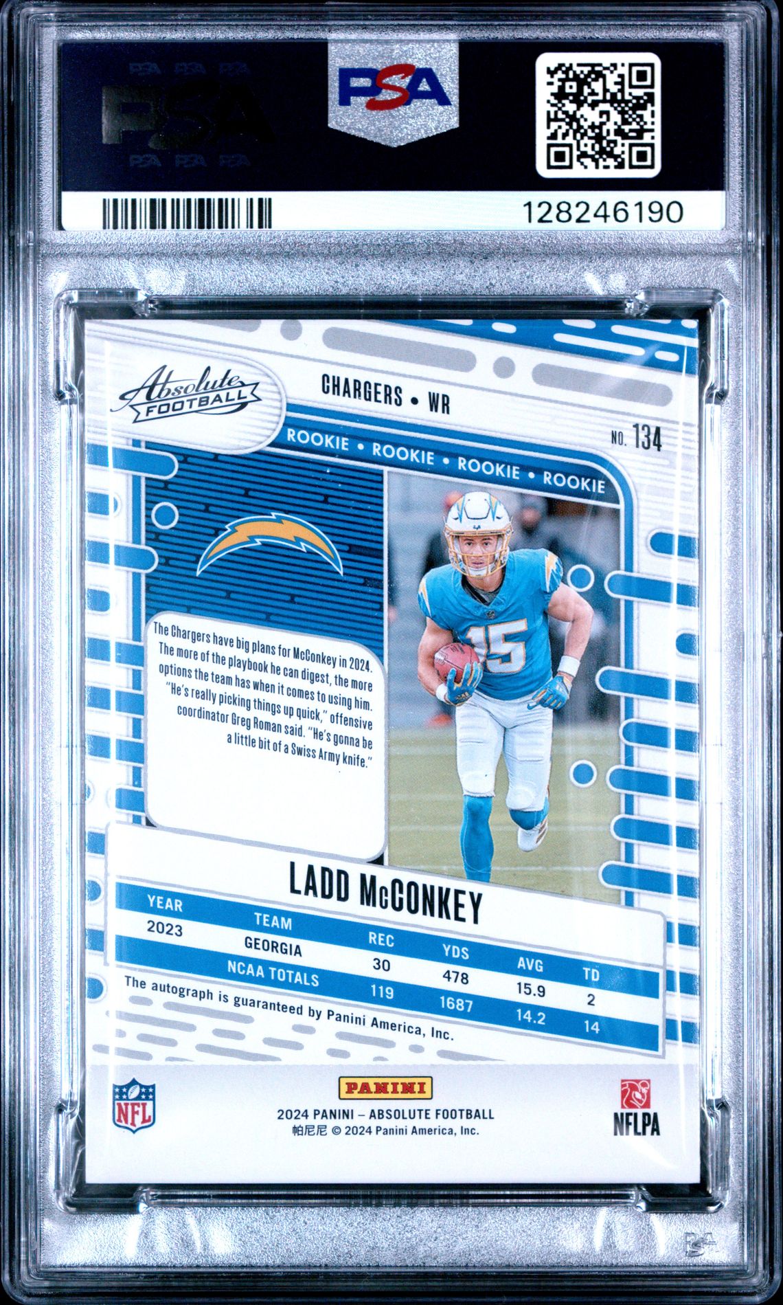 2024 Panini Absolute Ladd Mcconkey #134 (Signature-Blue Spectrum) Gem Mt 10 back