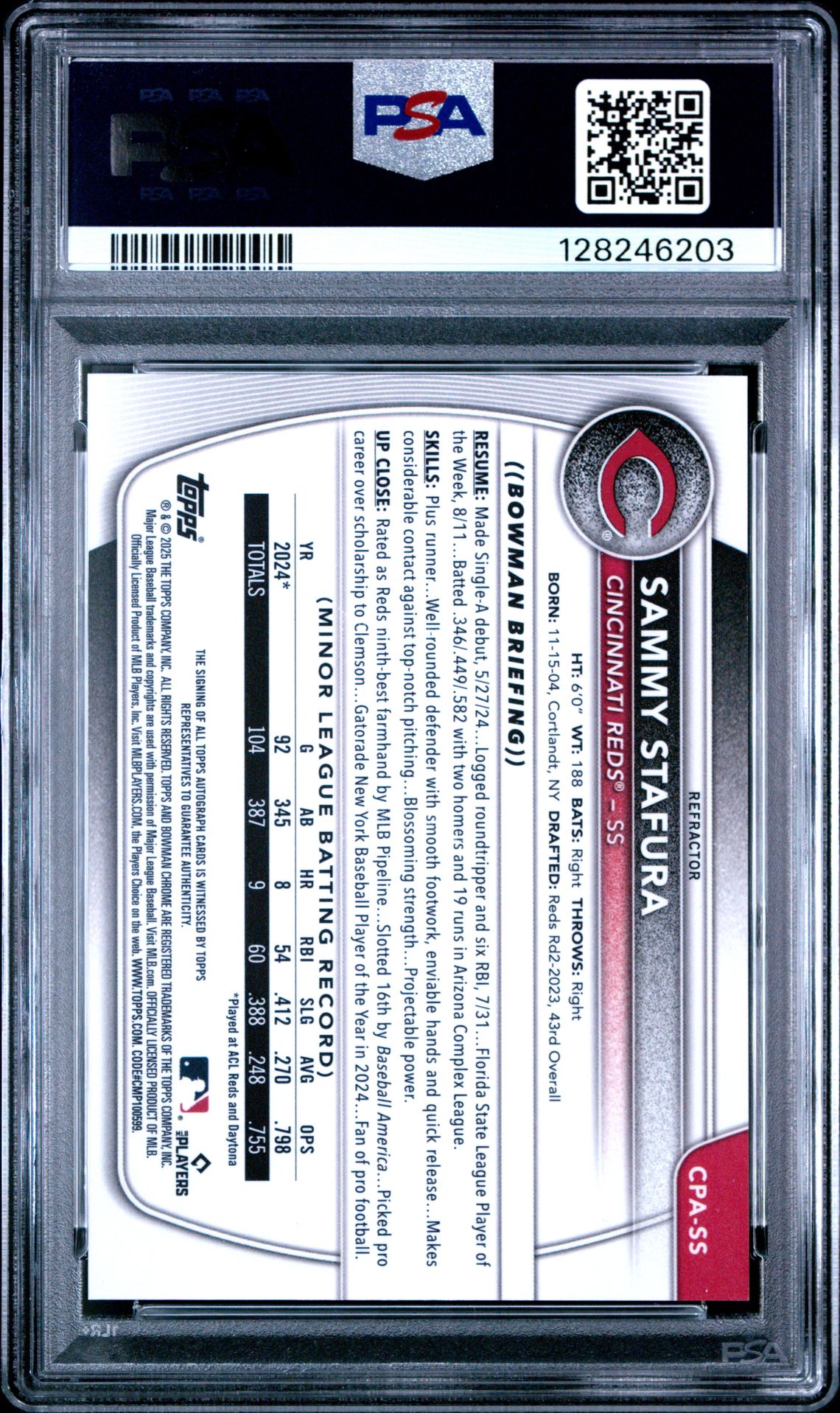 2025 Bowman Chrome Prospect Autographs Sammy Stafura #Cpass (Chrome Prospect Auto-Ref) Mint 9 back