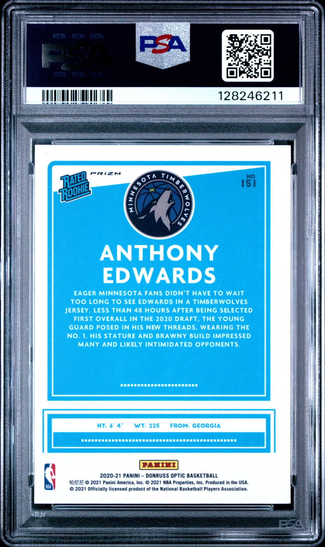 2020 Panini Donruss Optic Anthony Edwards #151 (Blue Velocity) Gem Mt 10 back