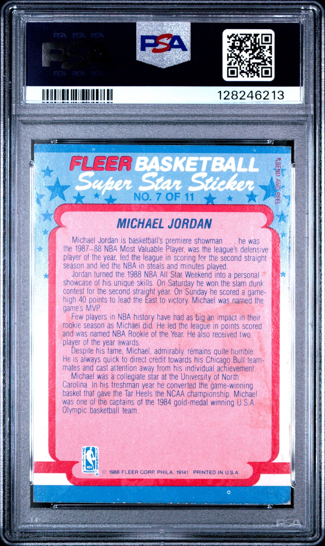 1988 Fleer Sticker Michael Jordan #7 Vg 3 back