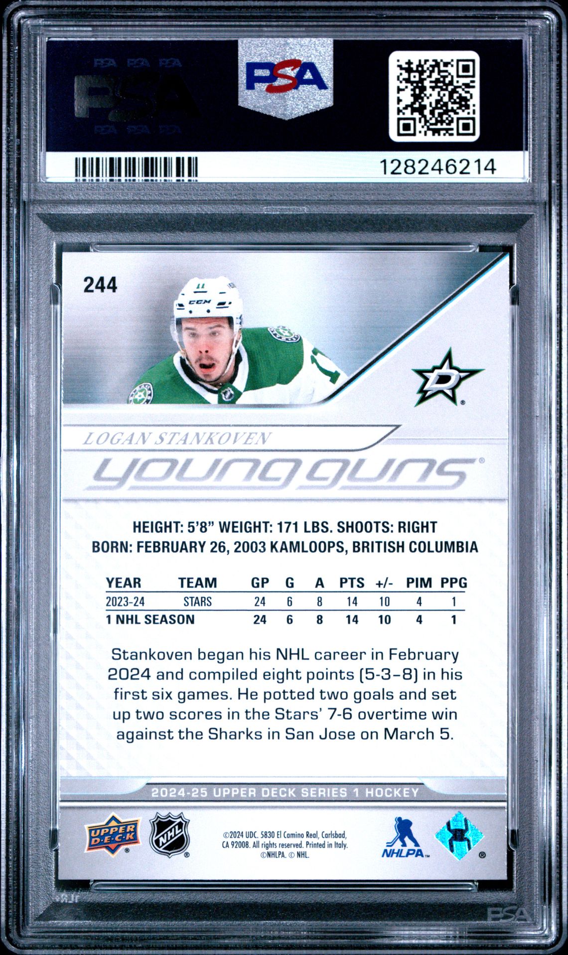 2024 Upper Deck Logan Stankoven #244 Mint 9 back