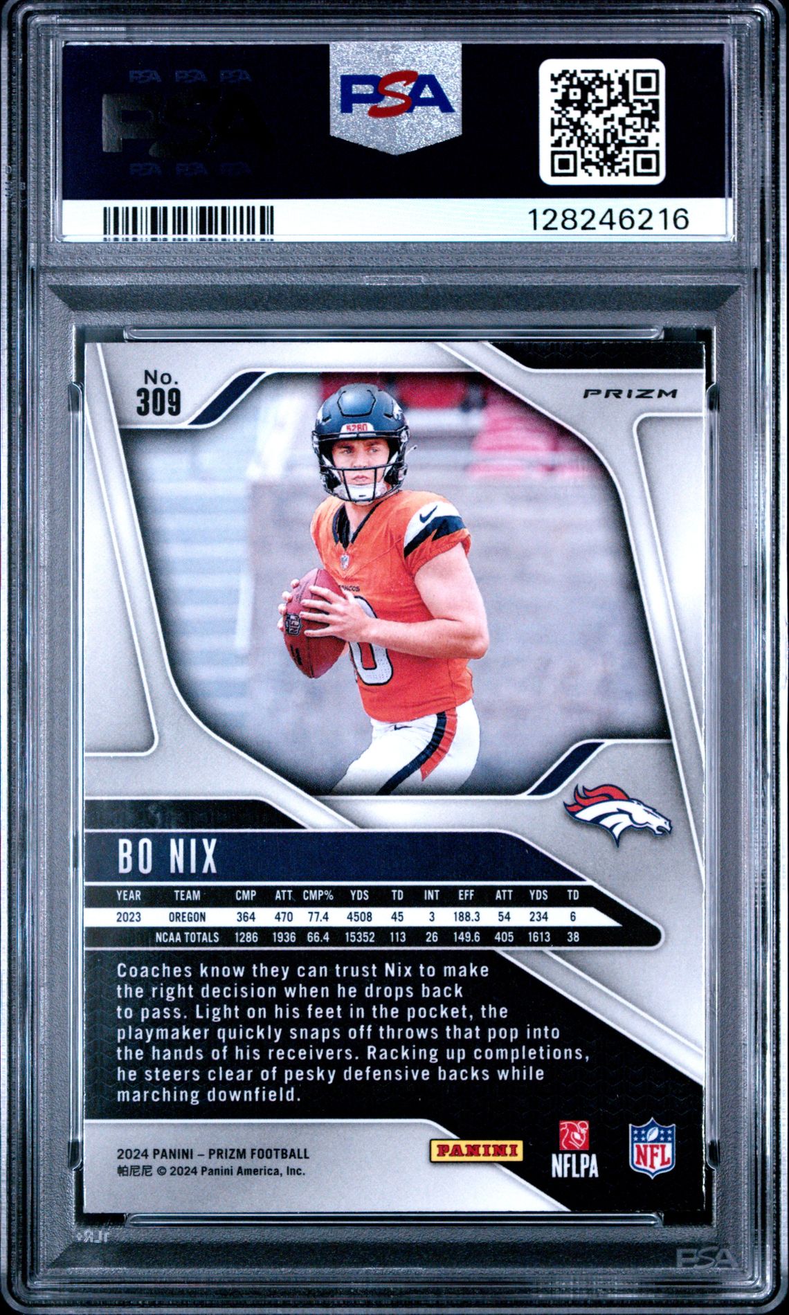 2024 Panini Prizm Bo Nix #309 (Lazer Prizm) Gem Mt 10 back