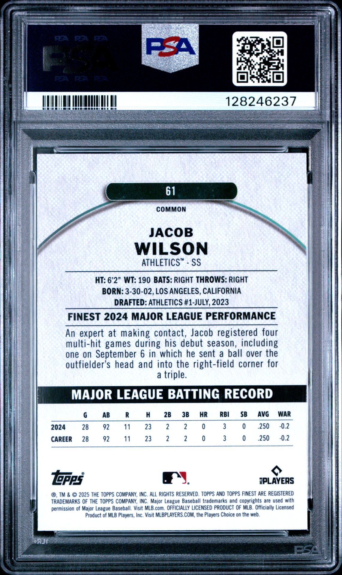 2025 Topps Finest Jacob Wilson #61 (Blue Refractor) Gem Mt 10 back