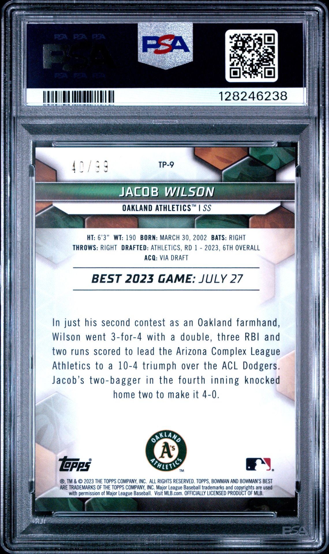 2023 Bowman's Best Top Prospects Jacob Wilson #Tp9 (Top Prospects-Green Ref) Mint 9 back