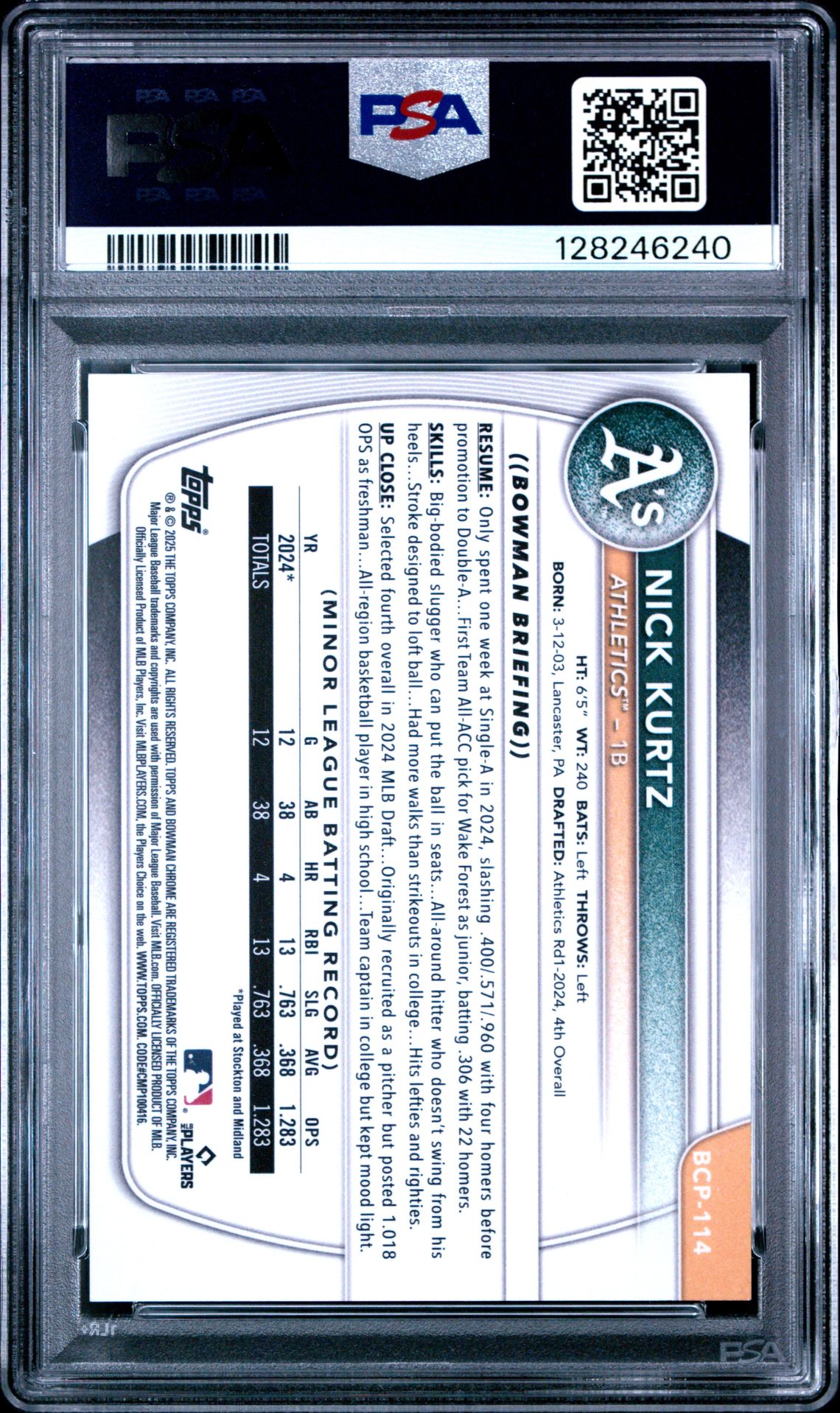 2025 Bowman Chrome Prospects Nick Kurtz #Bcp114 (Chrome Pros-Purple Ref) Mint 9 back