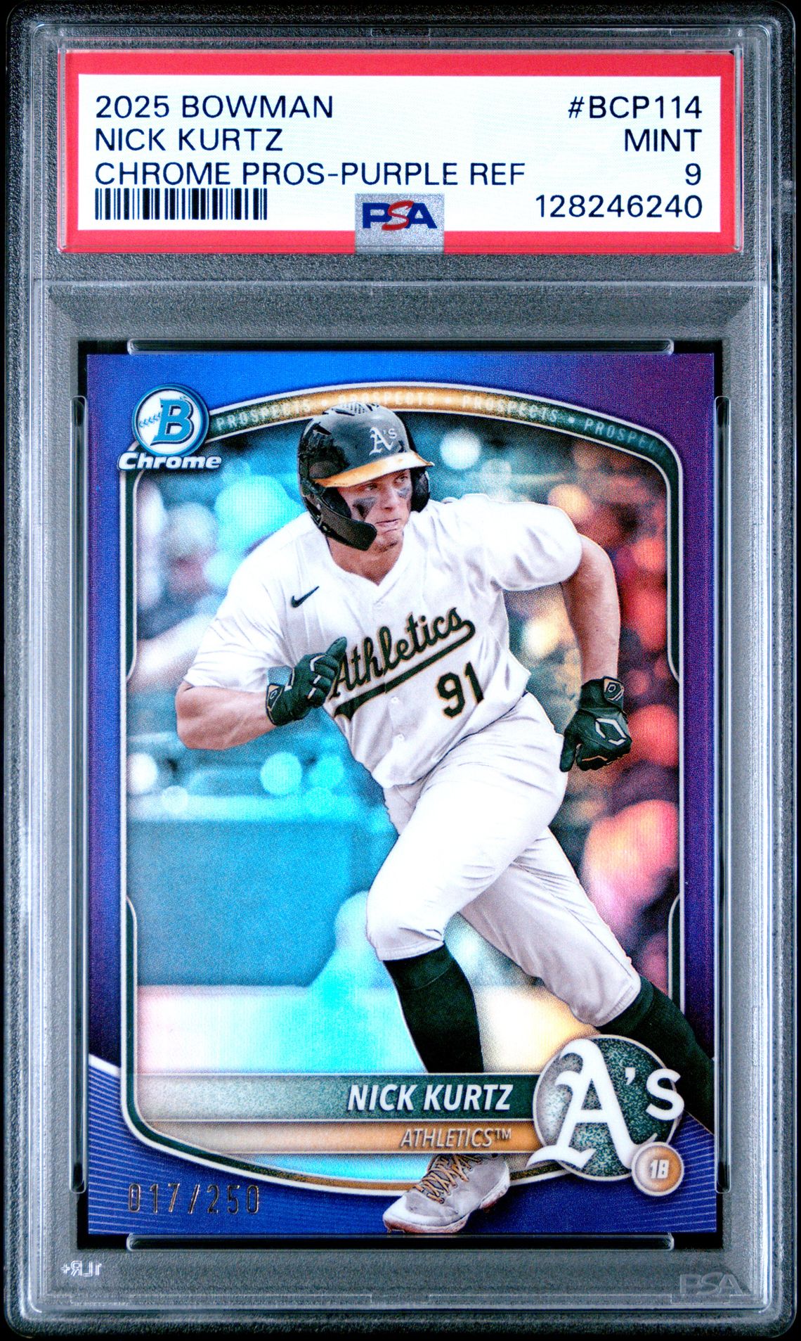 2025 Bowman Chrome Prospects Nick Kurtz #Bcp114 (Chrome Pros-Purple Ref) Mint 9 front