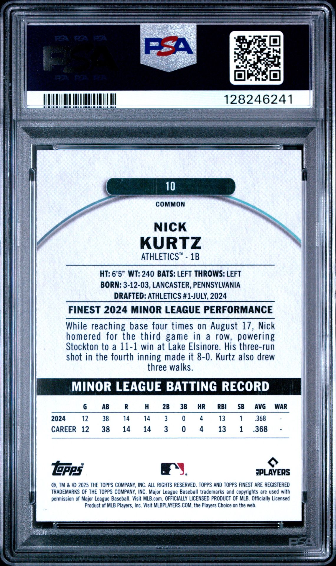 2025 Topps Finest Nick Kurtz #10 (Purple Refractor) Gem Mt 10 back