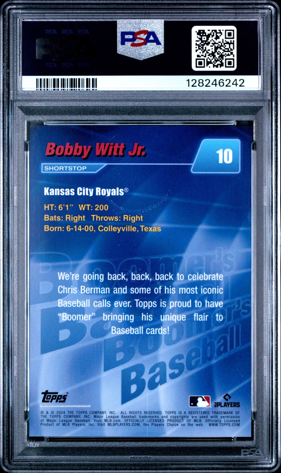 2024 Topps X Chris Berman: Boomer's Baseball Bobby Witt Jr. #10 (Gold) Gem Mt 10 back