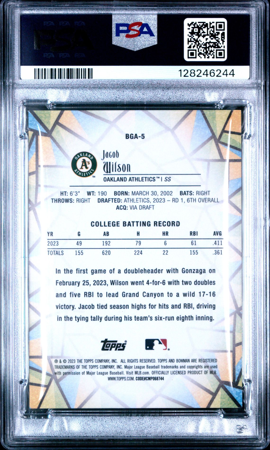 2023 Bowman Draft Bowman Glass Jacob Wilson #Bga5 Mint 9 back