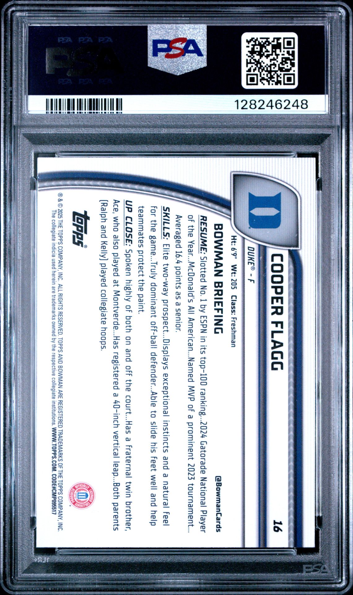 2024 Bowman Chrome University Cooper Flagg #16 (Green Shimmer) Gem Mt 10 back