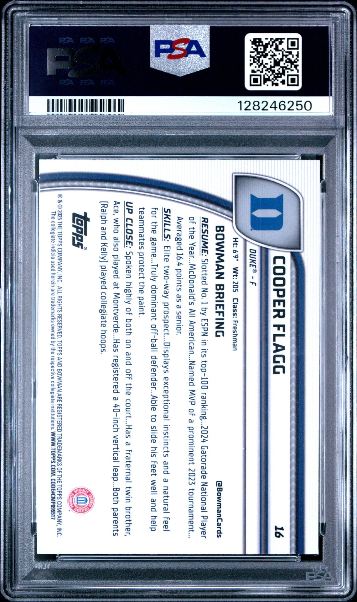 2024 Bowman Chrome University Cooper Flagg #16 (Purple Lava) Gem Mt 10 back