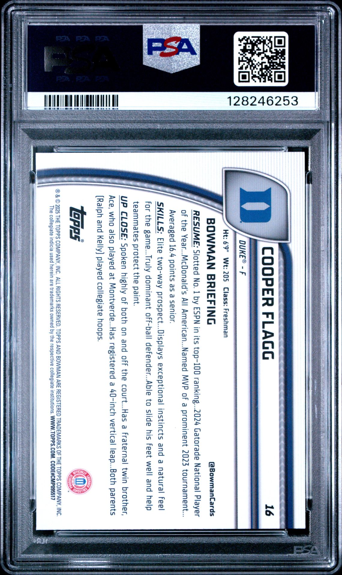 2024 Bowman University Chrome Sapphire Cooper Flagg #16 Gem Mt 10 back