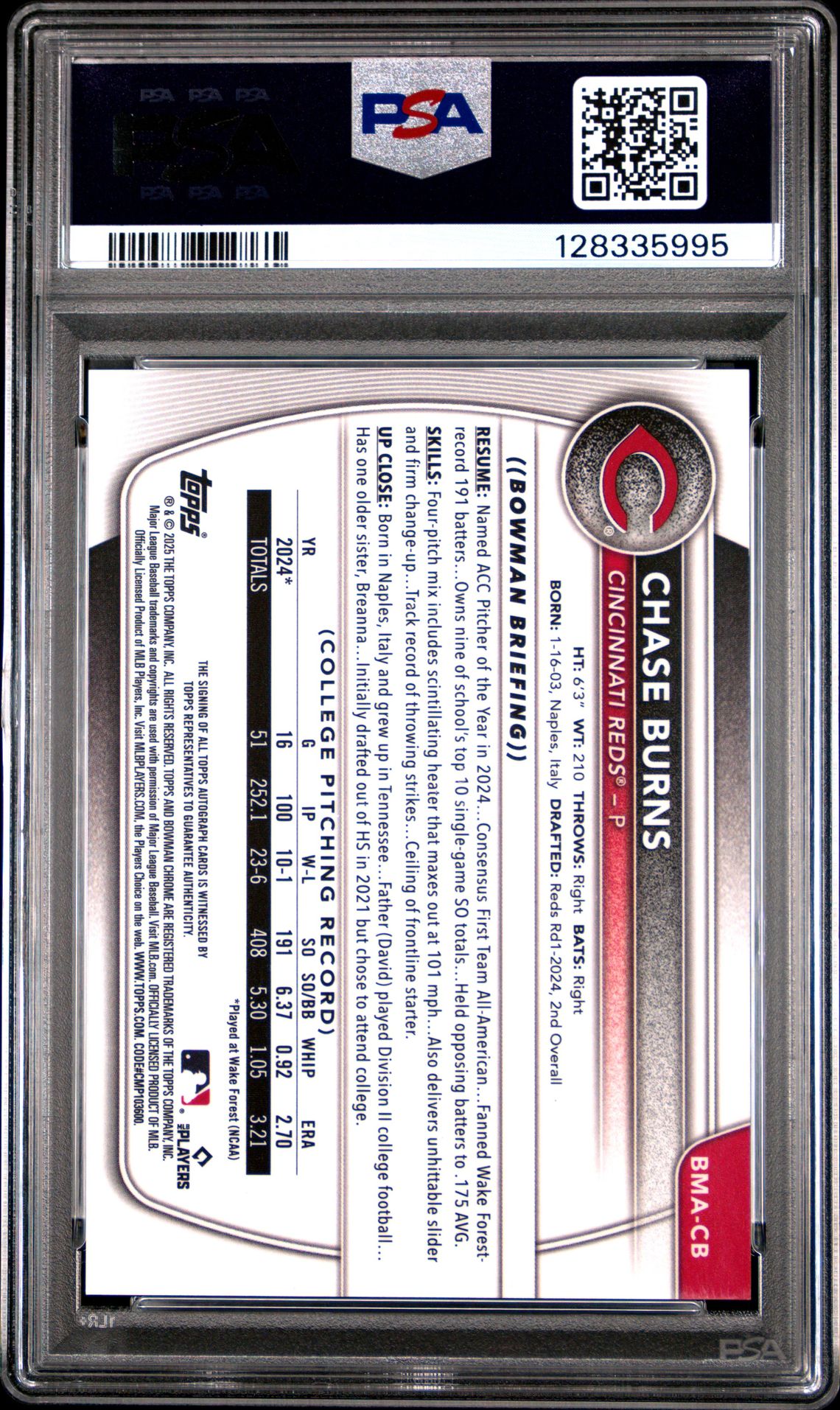 2025 Bowman Mega Box Bowman Prospect Mega Autographs Chase Burns #Cb (Bwm Pros Mega Auto-Prp Ref) Gem Mt 10 back