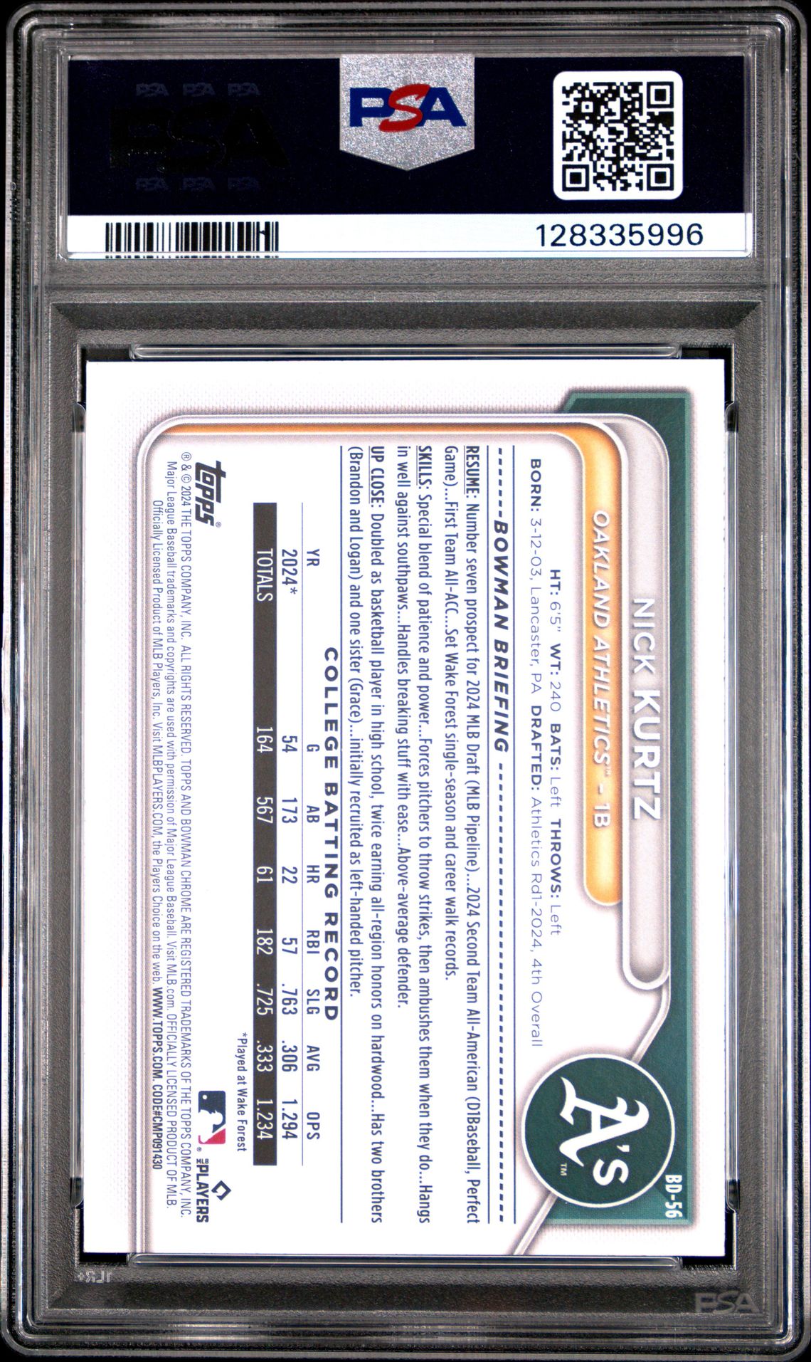 2024 Bowman Draft Nick Kurtz #Bd56 Mint 9 back