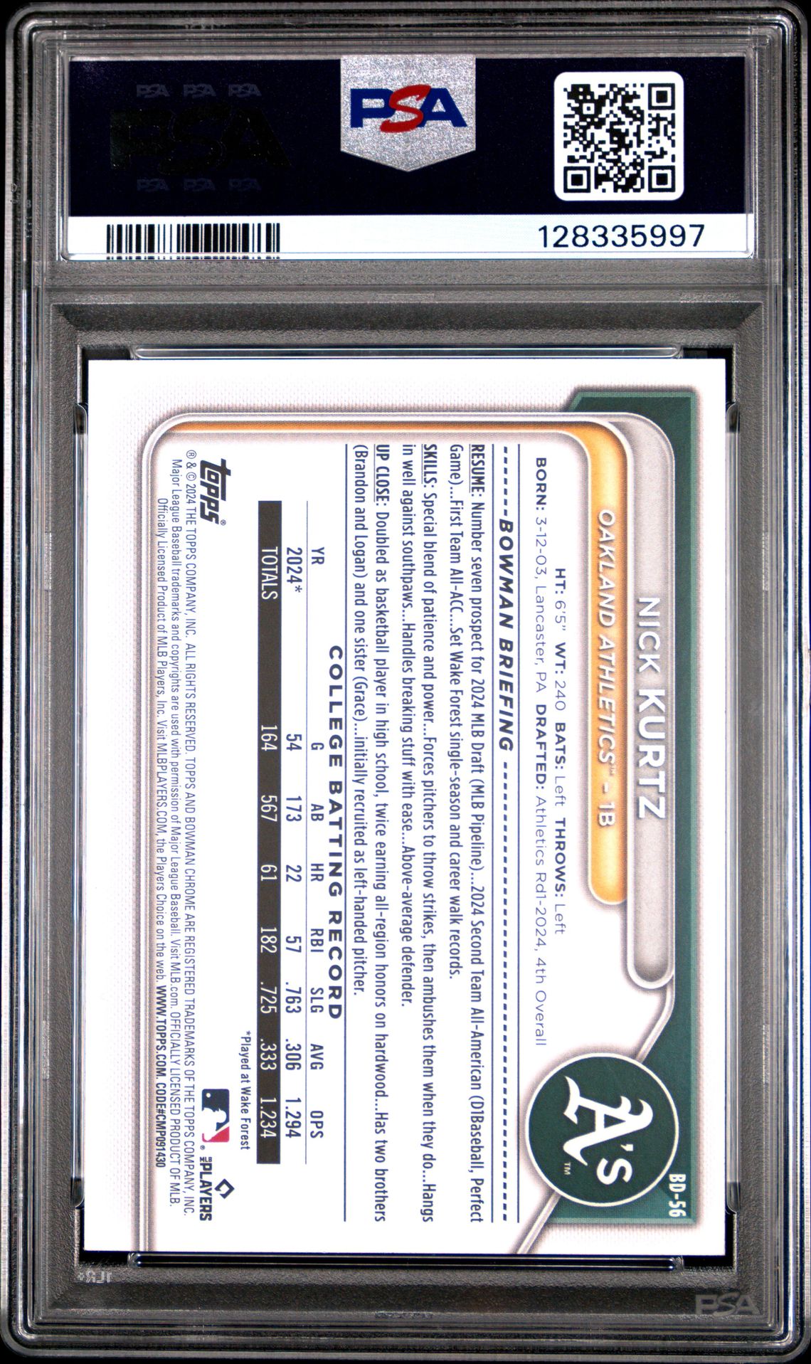 2024 Bowman Draft Nick Kurtz #Bd56 Gem Mt 10 back