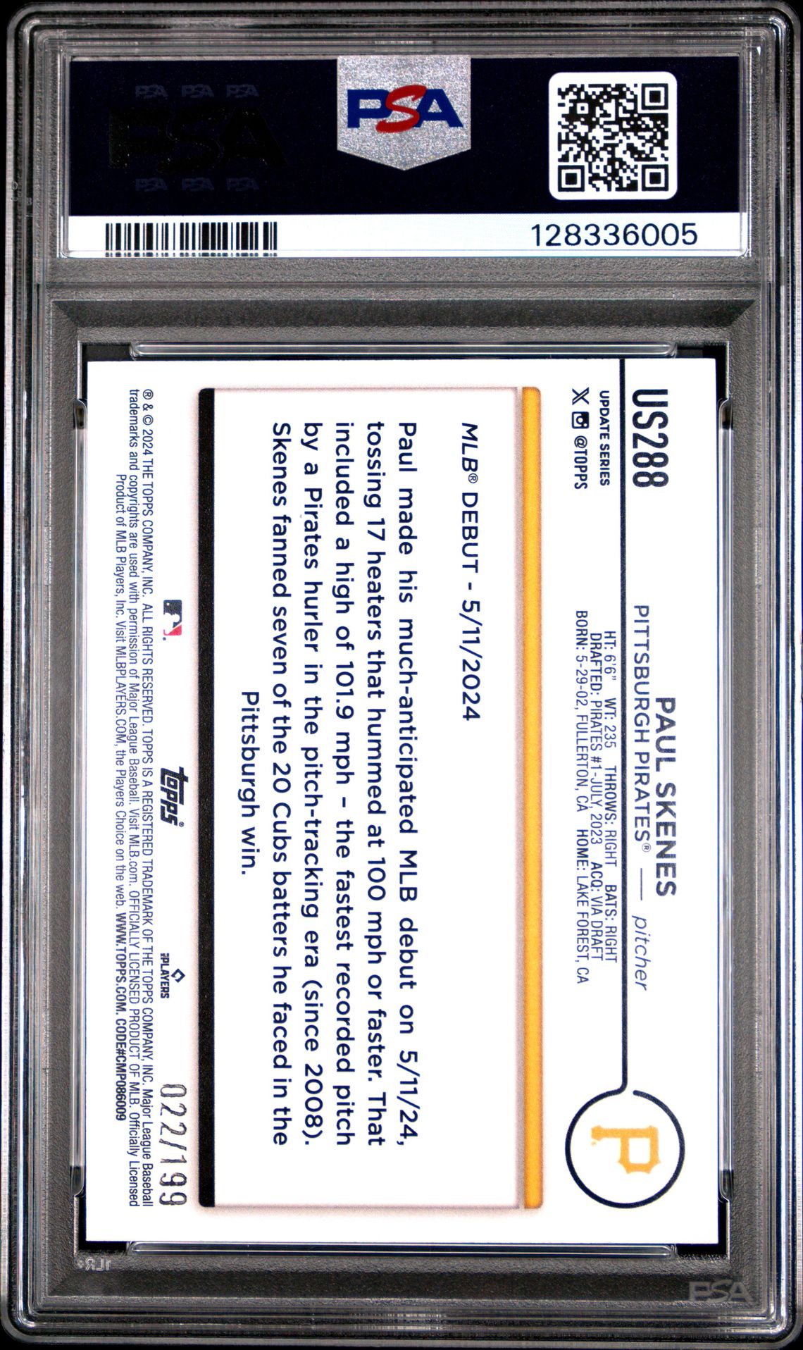 2024 Topps Update Paul Skenes #Us288 (Red Crackle Foilboard) Gem Mt 10 back