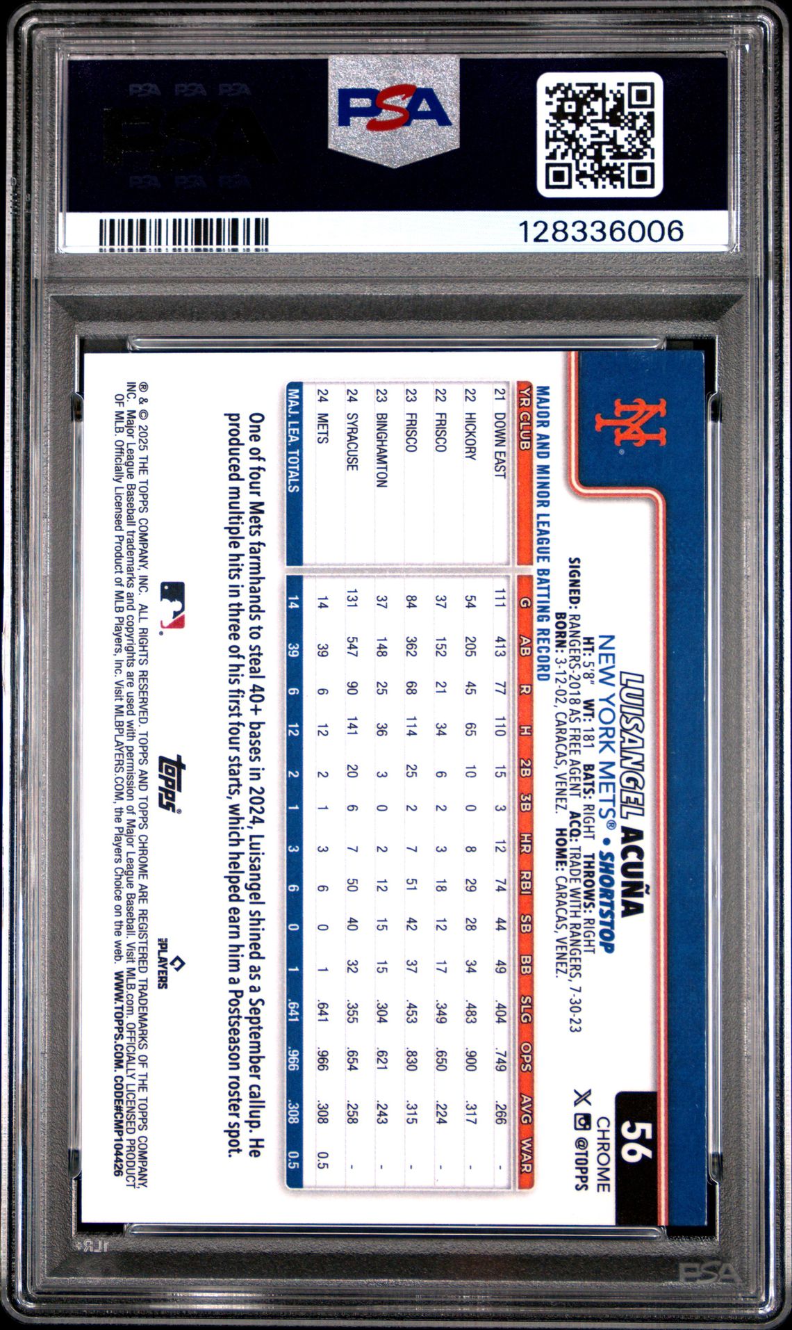 2025 Topps Chrome Luisangel Acuna #56 (Blue Lava) Gem Mt 10 back