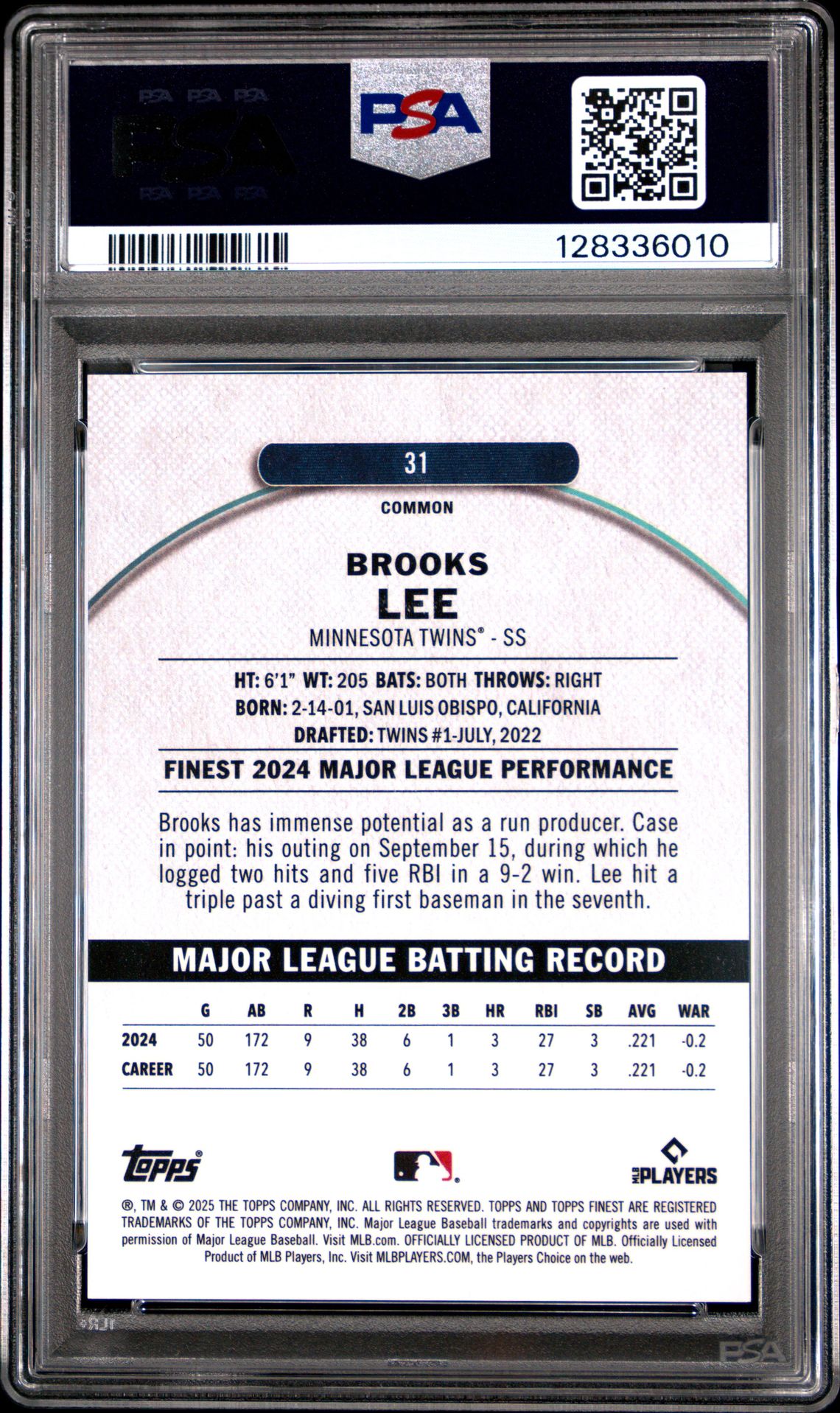 2025 Topps Finest Brooks Lee #31 (Pearl Checkerboard) Gem Mt 10 back