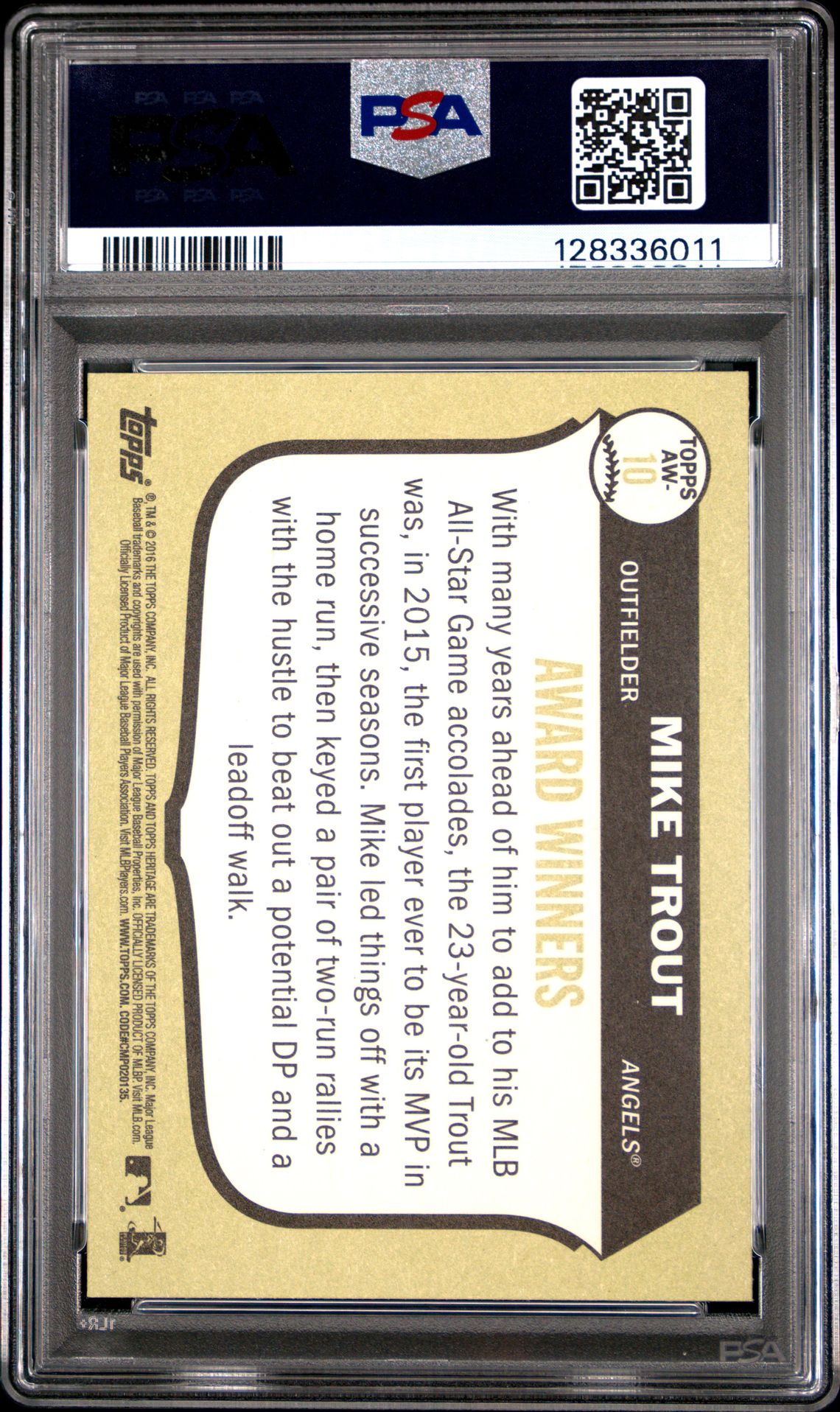 2016 Topps Heritage Award Winners Mike Trout #Aw-10 (Award Winners) Gem Mt 10 back