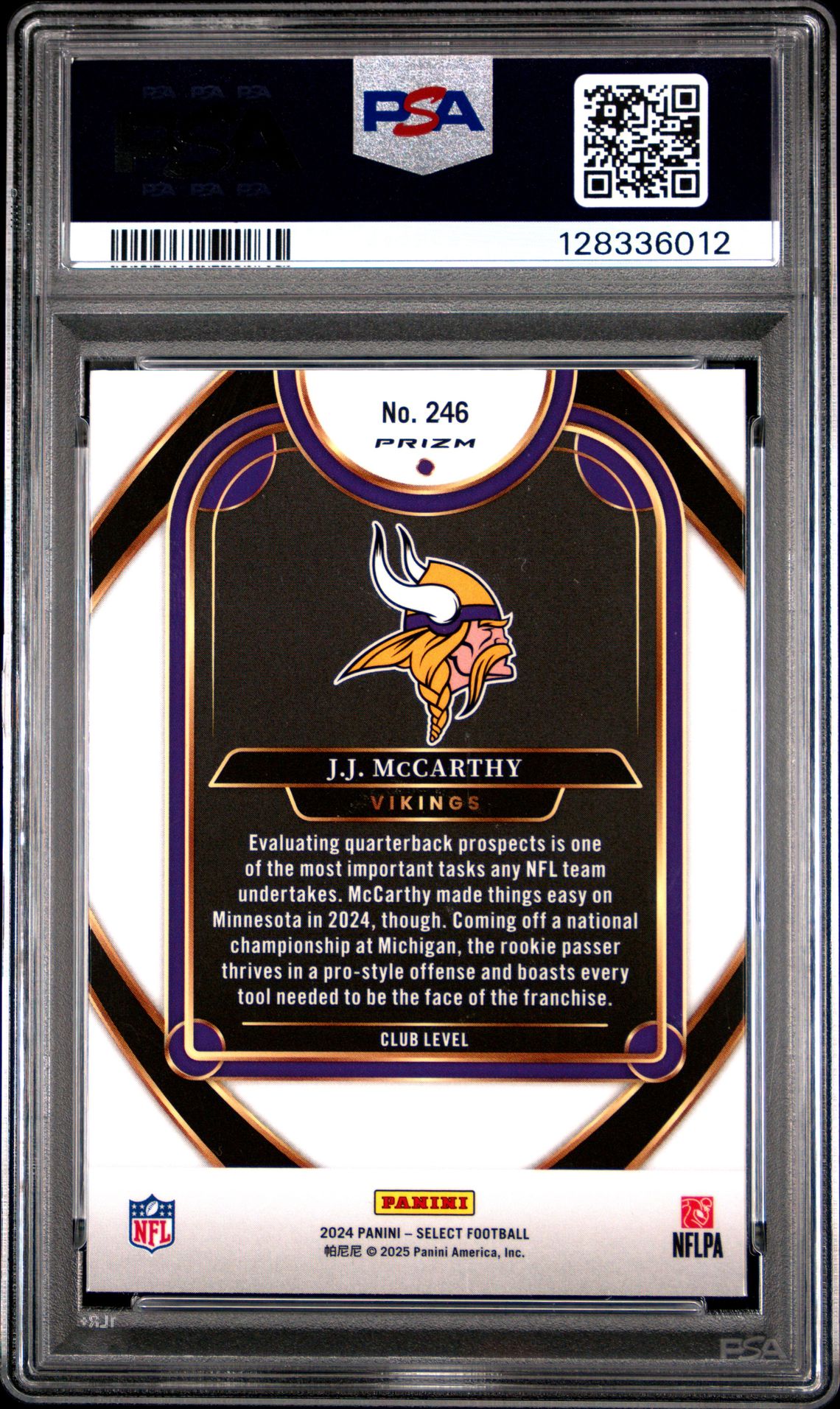 2024 Panini Select Jj Mccarthy #246 (Red & Yellow Shock) Gem Mt 10 back