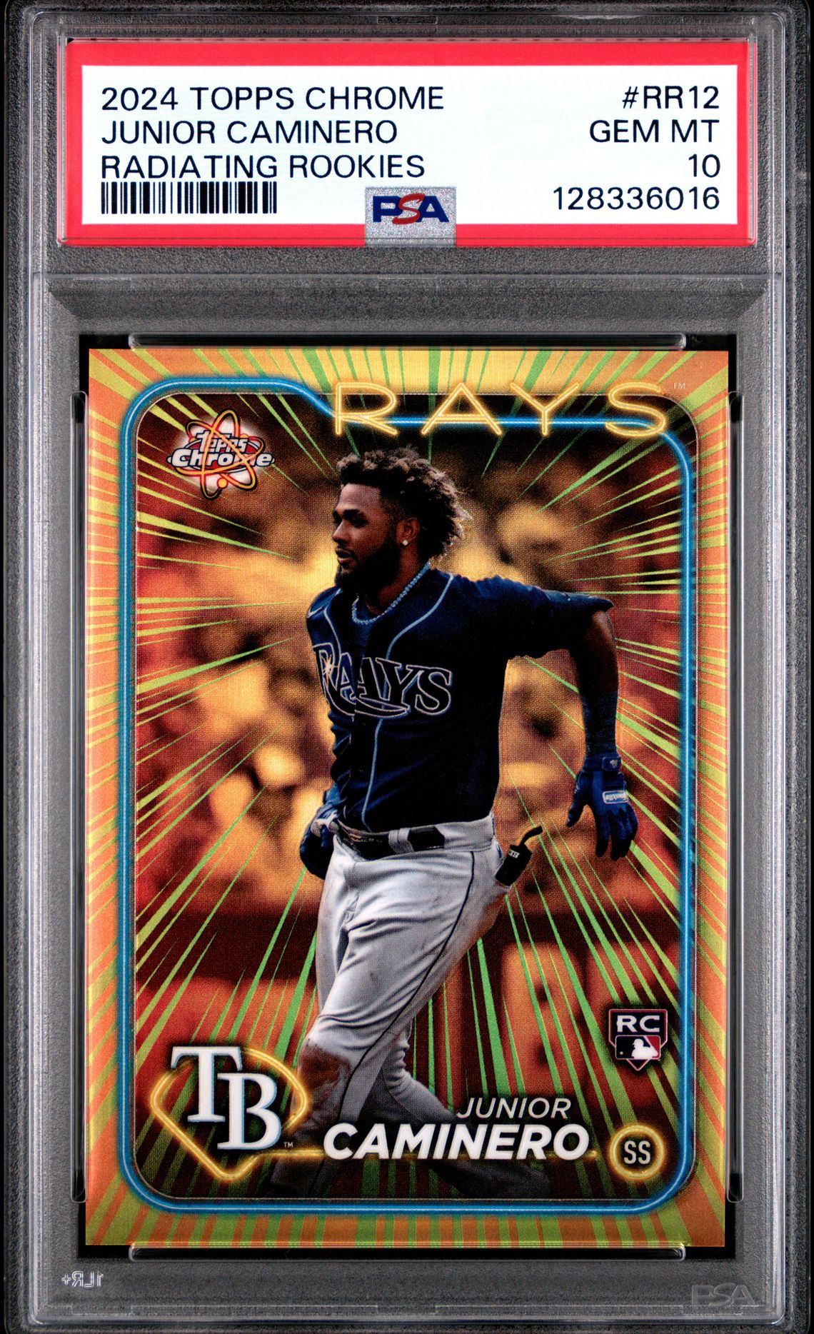 2024 Topps Chrome Radiating Rookies Junior Caminero #Rr12 Gem Mt 10 front