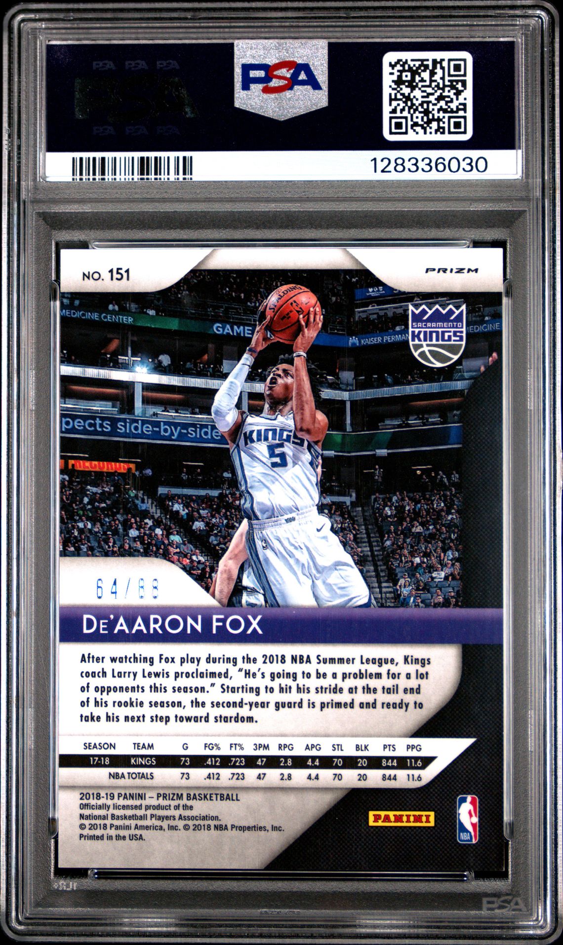 2018 Panini Prizm De'aaron Fox #151 (Choice Prizm-Red) Gem Mt 10 back