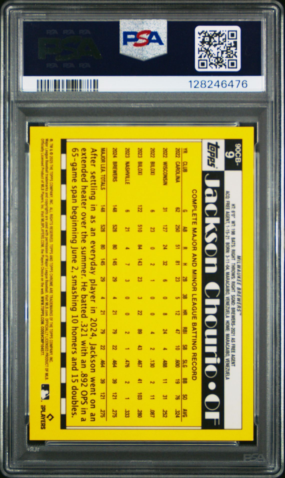 2025 Topps Chrome 1990 Topps Jackson Chourio #90Cb9 (1990 Topps-Gold Refractor) Gem Mt 10 back