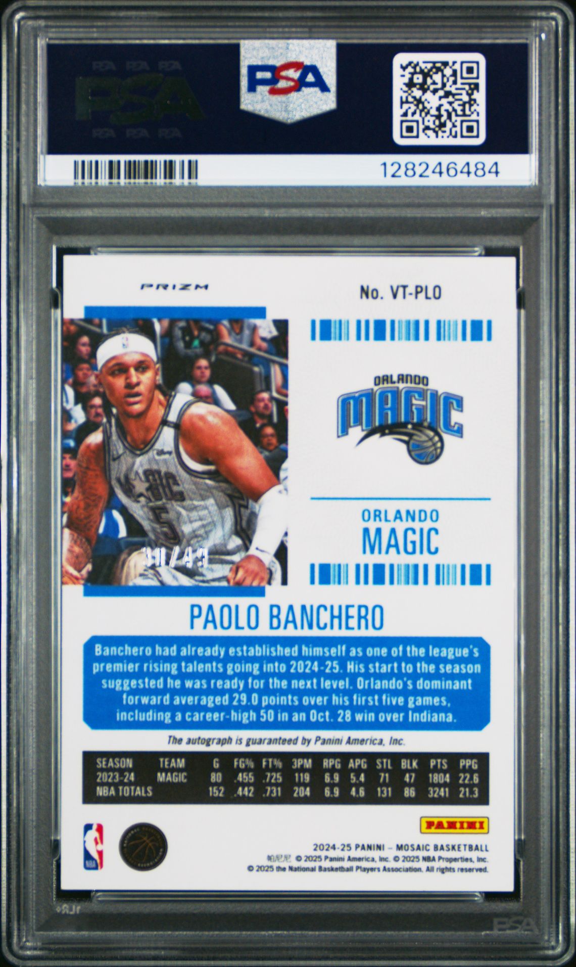 2024 Panini Mosaic Veteran Ticket Autographs Paolo Banchero #Vtplo (Veteran Ticket Auto-Bronze) Gem Mt 10 back