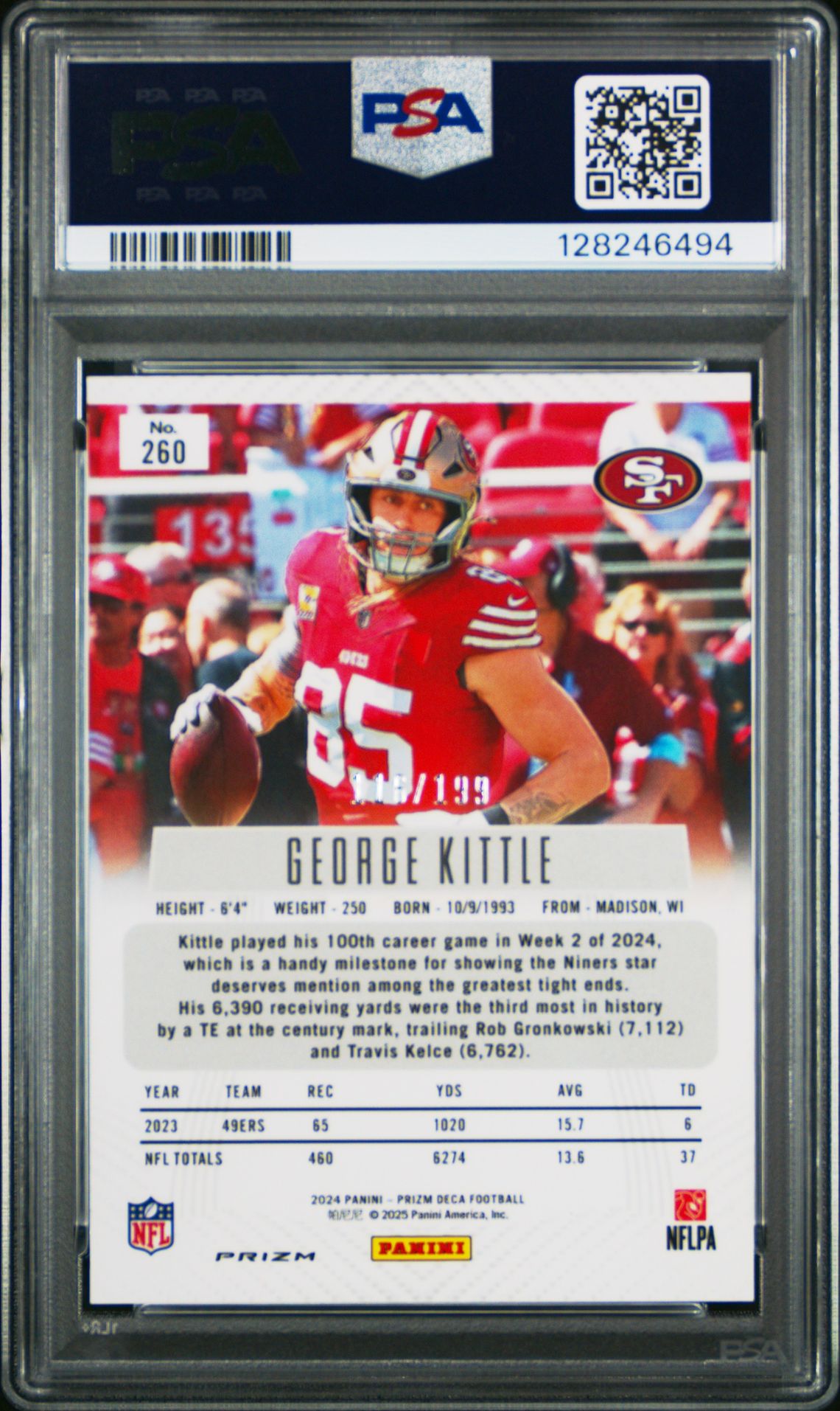 2024 Panini Prizm Deca George Kittle #260 (Red Prizm) Mint 9 back