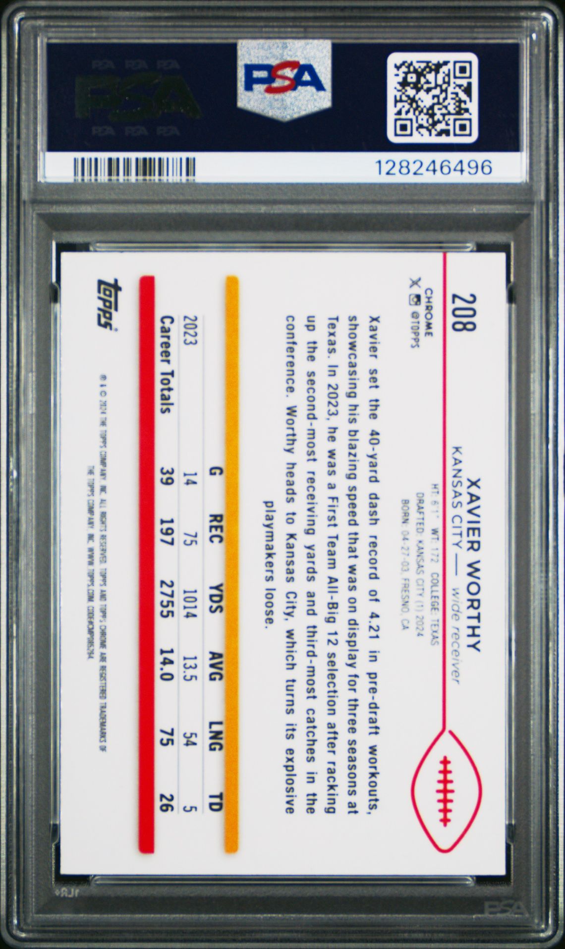 2024 Topps Chrome Xavier Worthy #208 (Pink Refractor) Gem Mt 10 back