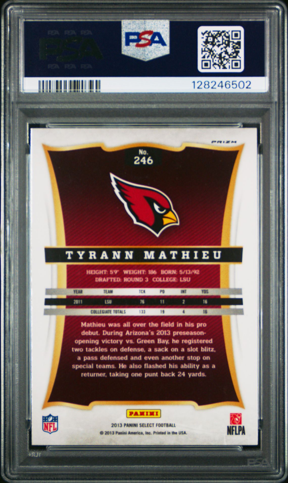 2013 Panini Select Tyrann Mathieu #246 (Prizm) Nm-Mt 8 back