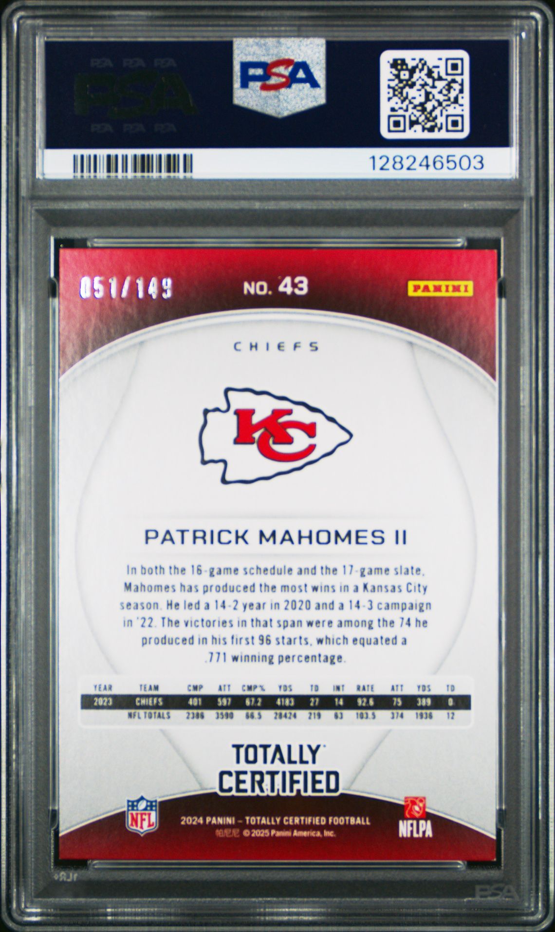 2024 Panini Totally Certified Patrick Mahomes Ii #43 (Mirror Platinum Blue) Nm 7 back
