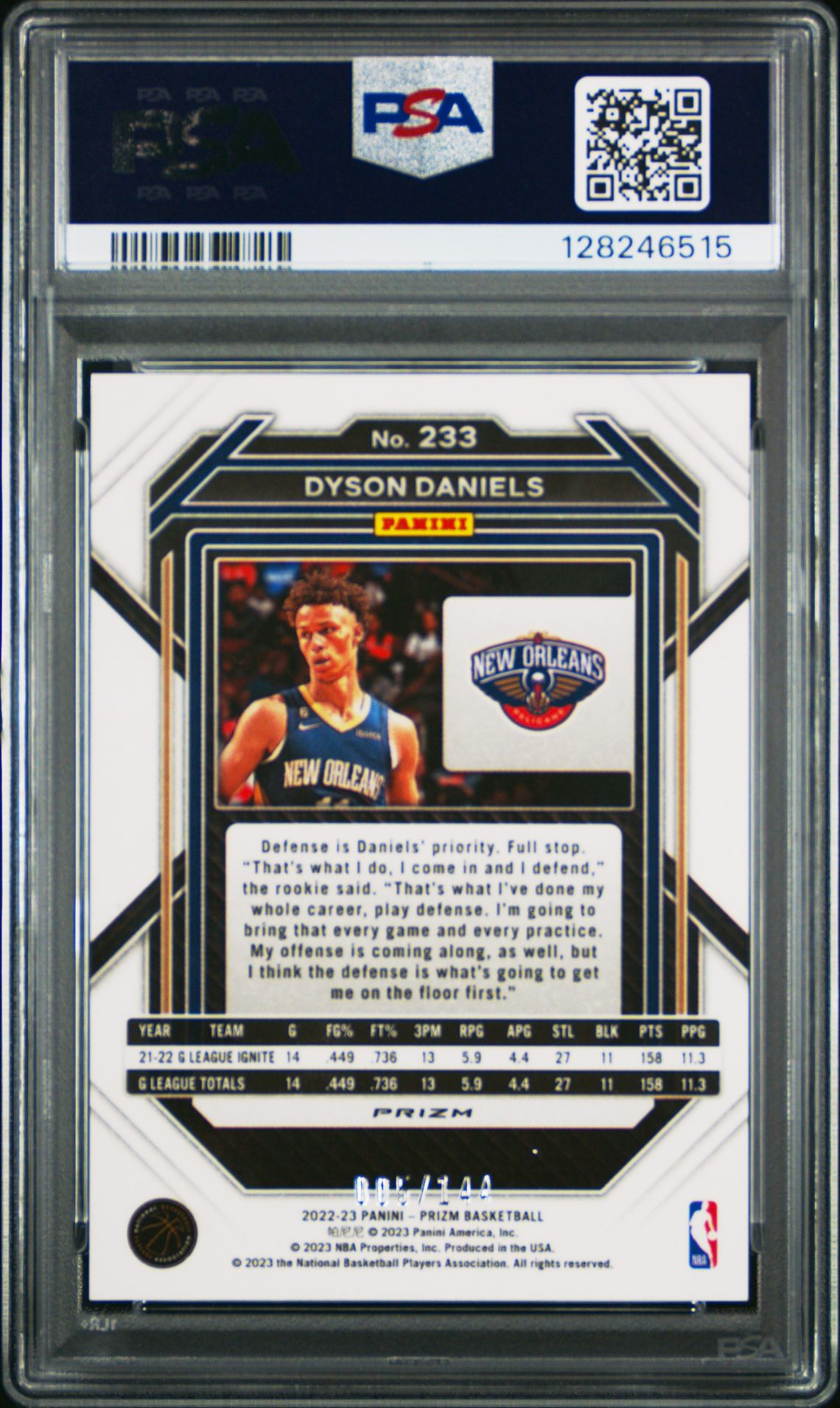 2022 Panini Prizm Dyson Daniels #233 (Blue Sparkle) Gem Mt 10 back