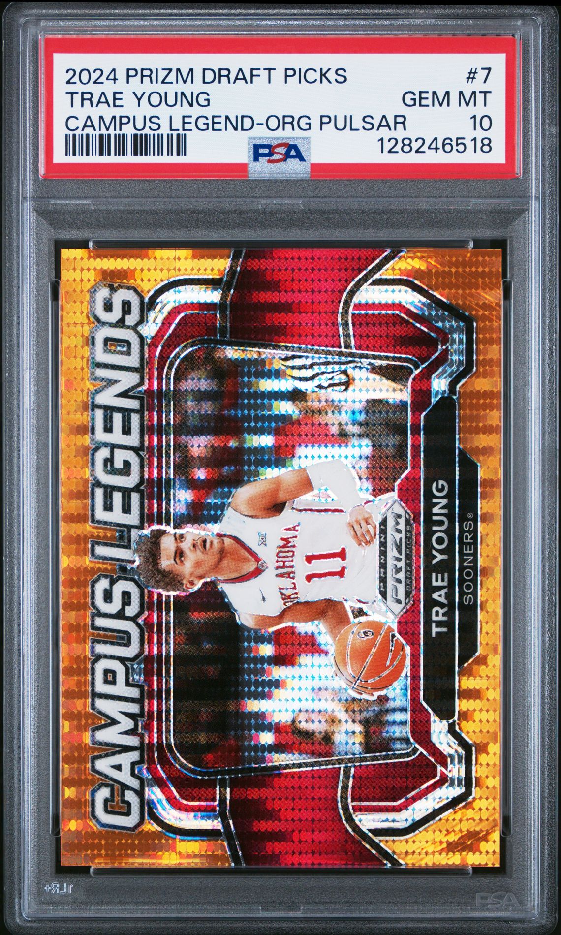 2024 Panini Prizm Draft Picks Campus Legends Trae Young #7 (Campus Legend-Org Pulsar) Gem Mt 10 front