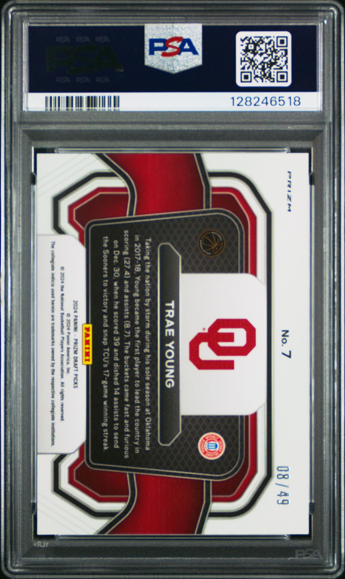 2024 Panini Prizm Draft Picks Campus Legends Trae Young #7 (Campus Legend-Org Pulsar) Gem Mt 10 back