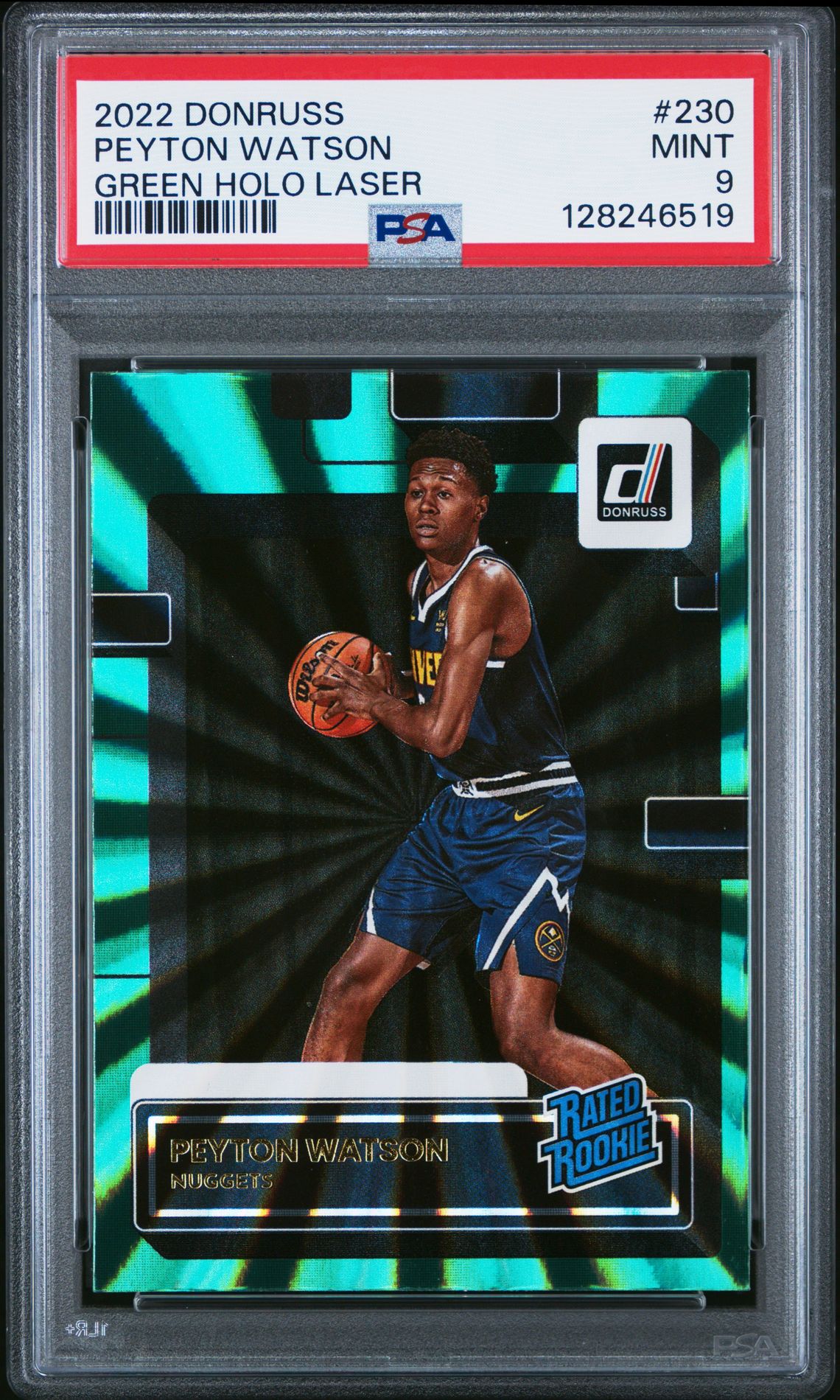 2022 Panini Donruss Peyton Watson #230 (Green Holo Laser) Mint 9 front